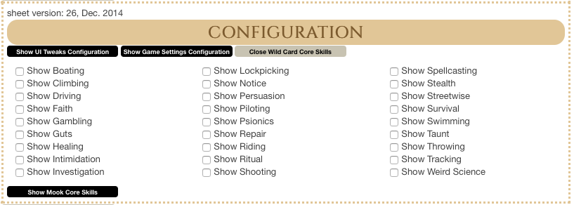 Skills available to Wild Cards in the Configuration window